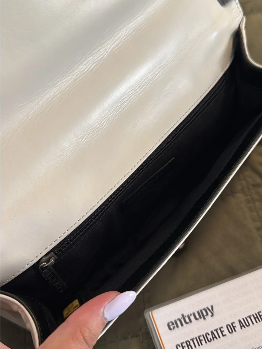 CHANEL Black and White Leather Chain Le Boy Bag